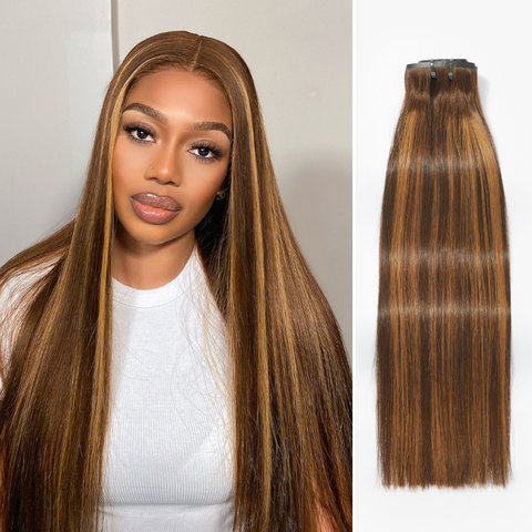 Seamless Brown Highlights Silky Straight Clip in Extensions Human Hair 135g 9pcs / 7pcs with Free Gift