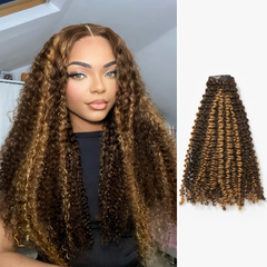 Seamless Brown Highlights Kinky Curly Clip in Extensions Human Hair 135g 9pcs / 7pcs with Free Gift