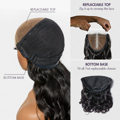 ZIP & GO WIGS | Natural Black Loose Body Wave Glueless 7x6 Closure HD Lace Wig Buy 1 Get 1 Free Replaceable Top