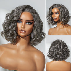 Elegant Salt & Pepper Grey Wig Loose Body Wave Glueless Minimalist Lace Short Wig Pre-Cut Lace