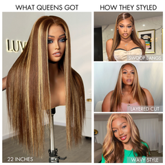 Honey Blonde Highlight Silky Straight Glueless 5x5 Closure HD Lace Long Wig