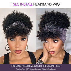 Throw On & Go Glueless Afro Headband Short Curly Wig with Detachable Bangs