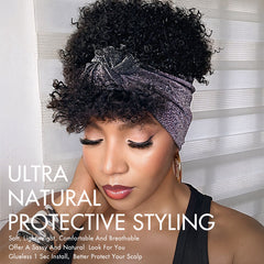 Throw On & Go Glueless Afro Headband Short Curly Wig with Detachable Bangs