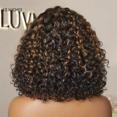 Casual Blonde Highlights Curly Minimalist HD Lace Glueless C Part Short Wig 100% Human Hair Pre-cut Lace