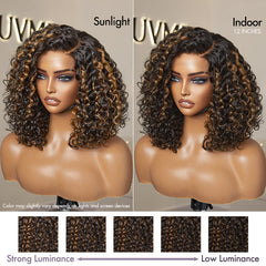 Casual Blonde Highlights Curly Minimalist HD Lace Glueless C Part Short Wig 100% Human Hair Pre-cut Lace