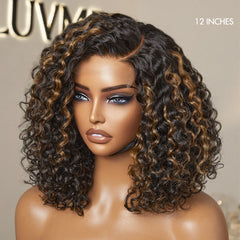 Casual Blonde Highlights Curly Minimalist HD Lace Glueless C Part Short Wig 100% Human Hair Pre-cut Lace