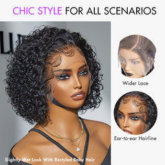 Ultra Natural Slicked Back Short Curly Wig Glueless Ear-to-ear Wide T Lace Front Wig