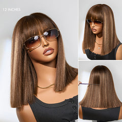 Put On and Go Realistic Glueless Yaki Straight Bob with Bangs Minimalist Lace Wig 100% Human Hair