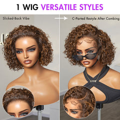 Brown Highlight / Jet Black Short Cut Slicked Back Curly Ear-to-ear Wide T Lace Wig