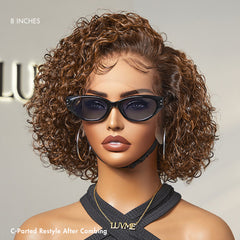 Brown Highlight / Jet Black Short Cut Slicked Back Curly Ear-to-ear Wide T Lace Wig