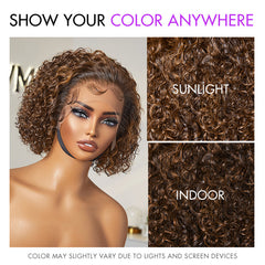 Brown Highlight / Jet Black Short Cut Slicked Back Curly Ear-to-ear Wide T Lace Wig