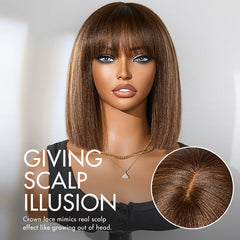 Put On and Go Realistic Glueless Yaki Straight Bob with Bangs Minimalist Lace Wig 100% Human Hair