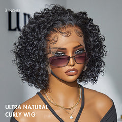 Brown Highlight / Jet Black Short Cut Slicked Back Curly Ear-to-ear Wide T Lace Wig