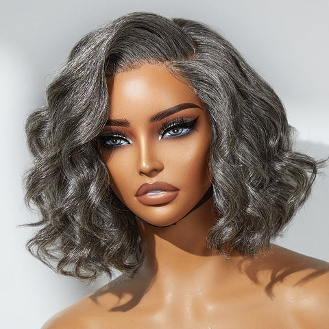 Boss Vibe Salt & Pepper Layered Bob / Body Wave Glueless Pre-Cut Minimalist Lace Grey Wig