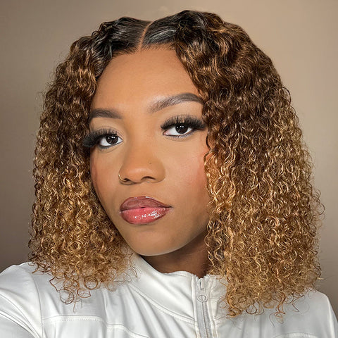 1 SEC INSTALL WIG | Sun-kissed Ombre Blonde Kinky Curly Glueless 5x5 Clouse Pre-Cut Lace Shoulder Length Wig