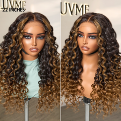 Fluffy Brown Ombre Highlights Water Wave Glueless 5x5 Closure HD Lace Long Curly Wig Breathable Cap