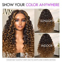 Fluffy Brown Ombre Highlights Water Wave Glueless 5x5 Closure HD Lace Long Curly Wig Breathable Cap