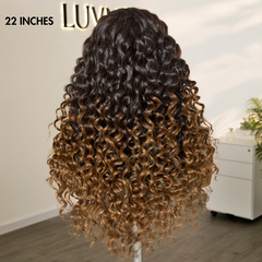 Fluffy Brown Ombre Highlights Water Wave Glueless 5x5 Closure HD Lace Long Curly Wig Breathable Cap