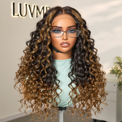 Fluffy Brown Ombre Highlights Water Wave Glueless 5x5 Closure HD Lace Long Curly Wig Breathable Cap