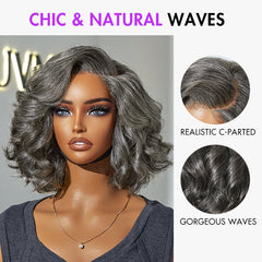 Elegant Salt & Pepper Grey Wig Loose Body Wave Glueless Minimalist Lace Short Wig Pre-Cut Lace