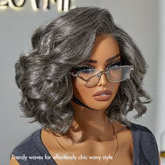 Elegant Salt & Pepper Grey Wig Loose Body Wave Glueless Minimalist Lace Short Wig Pre-Cut Lace