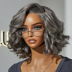 Elegant Salt & Pepper Grey Wig Loose Body Wave Glueless Minimalist Lace Short Wig Pre-Cut Lace