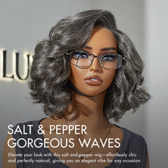 Elegant Salt & Pepper Grey Wig Loose Body Wave Glueless Minimalist Lace Short Wig Pre-Cut Lace