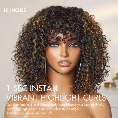 1 SEC INSTALL WIG | Brown Highlight Water Wave Natural Scalp Glueless Minimalist Lace Breathable Cap Short Curly Wig with Bangs