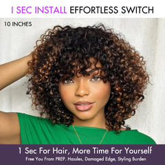 1 SEC INSTALL WIG | Brown Highlight Water Wave Natural Scalp Glueless Minimalist Lace Breathable Cap Short Curly Wig with Bangs