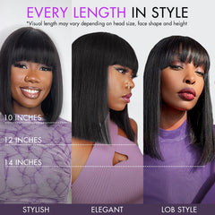 Put On and Go Realistic Glueless Yaki Straight Bob with Bangs Minimalist Lace Wig 100% Human Hair