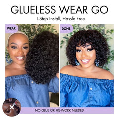 Light Weight Short Cut Water Wave Glueless Minimalist Lace Wig with Curly Bangs