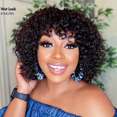 Light Weight Short Cut Water Wave Glueless Minimalist Lace Wig with Curly Bangs