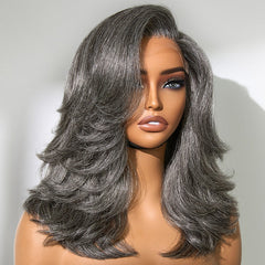 Layered Blowout Salt and Pepper Glueless Grey Wig Minimalist HD Lace Shoulder Length Wavy Wig