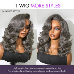 Layered Blowout Salt and Pepper Glueless Grey Wig Minimalist HD Lace Shoulder Length Wavy Wig