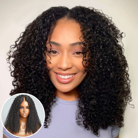 Beginner Friendly Jerry Curly V Part Natural Scalp Glueless Long Wig 100% Human Hair