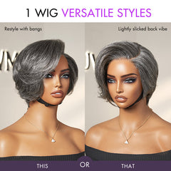 Salt and Pepper Short Pixie Cut Wig Glueless Minimalist HD Lace Grey Wig Pre-Cut Lace