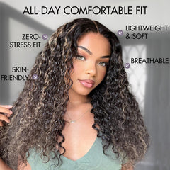 AiryFit™ Scalp Care Wigs - Blonde Highlight Water Wave Snugfit Glueless 5x5 Closure Lace Long Curly Wig Pre-Cut Lace