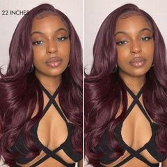 Graceful 99J Burgundy Layered Cut Straight / Body Wave Glueless 5x5 Closure Lace Long Wig 100% Human Hair