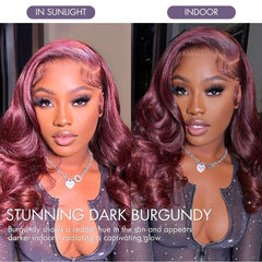 Graceful 99J Burgundy Layered Cut Straight / Body Wave Glueless 5x5 Closure Lace Long Wig 100% Human Hair