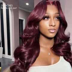 Graceful 99J Burgundy Layered Cut Straight / Body Wave Glueless 5x5 Closure Lace Long Wig 100% Human Hair