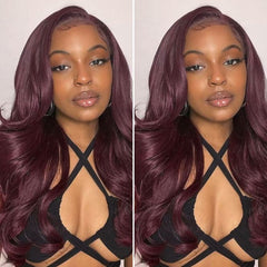 Graceful 99J Burgundy Layered Cut Straight / Body Wave Glueless 5x5 Closure Lace Long Wig 100% Human Hair