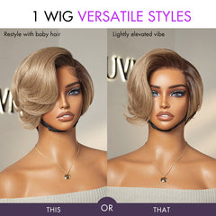 Ash Blonde Peekaboo Brown Pixie Cut Wig Glueless Minimalist HD Lace Short Blonde Wig Pre-Cut Lace