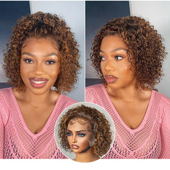 Brown Highlight / Jet Black Short Cut Slicked Back Curly Ear-to-ear Wide T Lace Wig