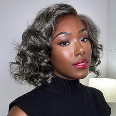 Elegant Salt & Pepper Grey Wig Loose Body Wave Glueless Minimalist Lace Short Wig Pre-Cut Lace