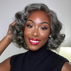 Elegant Salt & Pepper Grey Wig Loose Body Wave Glueless Minimalist Lace Short Wig Pre-Cut Lace