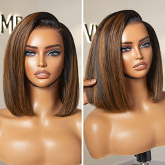 AiryFit™ Scalp Care Wigs - Brown Highlights Silky Blunt Cut Bob Snugfit Glueless Minimalist HD Lace Wig Pre-Cut Lace