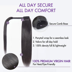 Luvme Virgin Hair Natural Black Sleek Long Straight Wrap Around Ponytail Extension (Get Free Trendy Scrunchies)