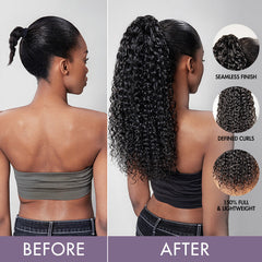 Water Wave Flexi-Fit Drawstring Ponytail Extension Human Hair Natural Black Curly Ponytail (Get Free Trendy Scrunchies)