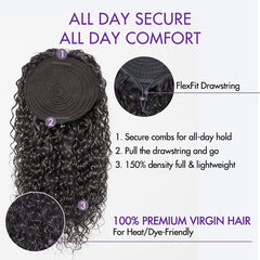 Water Wave Flexi-Fit Drawstring Ponytail Extension Human Hair Natural Black Curly Ponytail (Get Free Trendy Scrunchies)