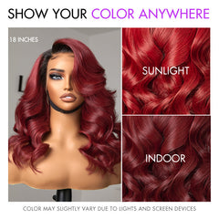 Limited Design - Gorgeous Loose Body Wave Red Hair Wig with Dark Roots Ear-to-Ear 13x4 Frontal Lace Wig